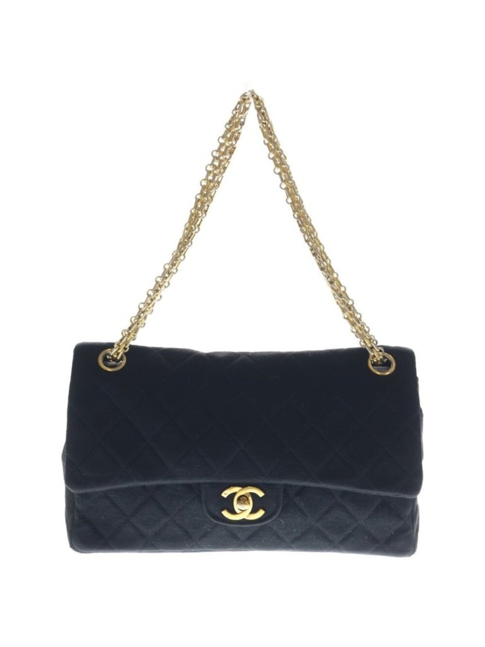 Chanel Quilted 23 Double Flap Chain Shoulder Bag Black Cotton Gold
